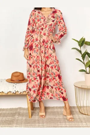 HERE&NOW Printed Ruffles V-Neck Long Sleeves Tiered Maxi Empire Dress