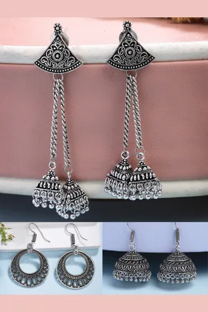 NVR Women Set of 3 Oxidised Silver-Plated Jhumka & Chandbali Earrings