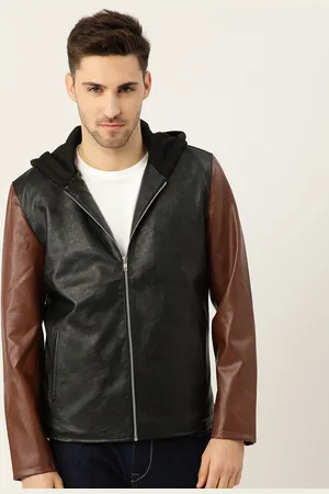 Leather Retail Men Black & Brown Hooded Tailored Jacket