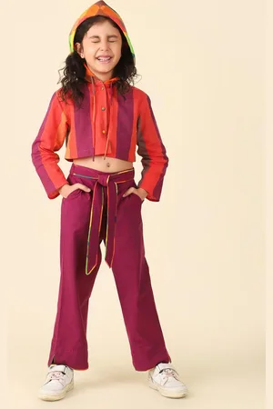 Fabindia Girls Striped Hooded Pure Cotton Crop Shirt with Trousers