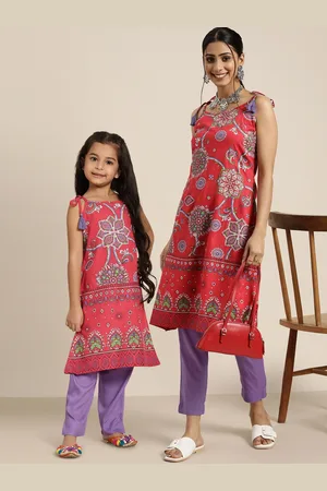 Sangria Girls Red & White Floral Print Straight Kurta Palazzos
