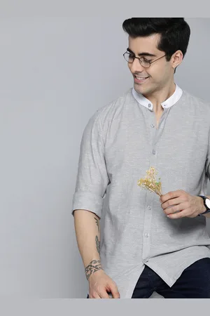 Mast & Harbour Men Grey Solid Cotton Linen Casual Shirt