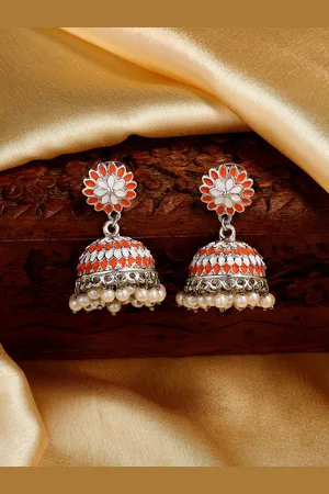 ESTELE Rhodium Plated Floral Jhumkas Earrings
