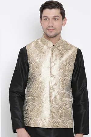 Vastramay Men Gold-Toned Woven Design Silk-Blend Nehru Jacket