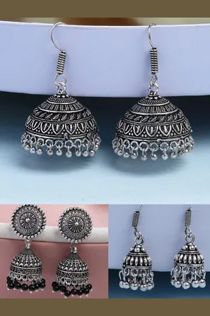 NVR Women Set of 3 Traditional Silver Plated Oxidised Jhumka Earrings