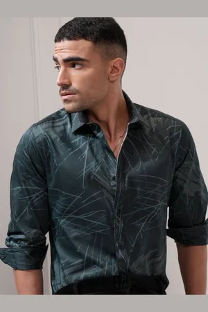 LocoMotive Luxe Men TealSatin Printed Occasion Slim Fit Shirt