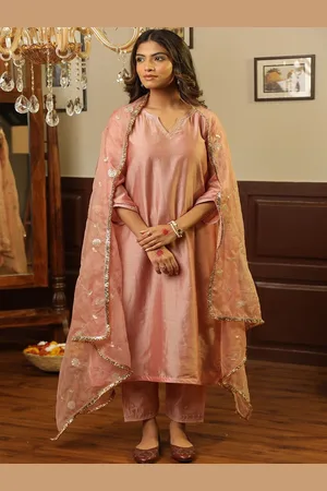 ASRUMO Women Embroidered Regular Chanderi Silk Kurta with Trousers & With Dupatta