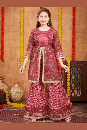 BAESD Girls Ethnic Motifs Printed Empire Gotta Patti Pure Cotton A-Line Kurta with Sharara
