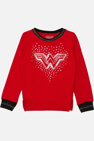 Kidsville Girls Red & Silver-Toned Wonder Woman Printed Cotton Sweatshirt