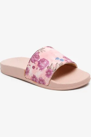 Misto Women Peach-Coloured & Purple Printed Sliders