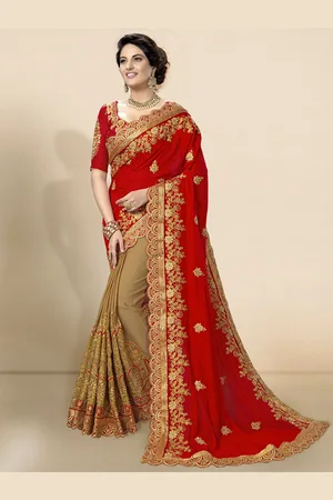 Trendmalls Red & Gold-Toned Floral Embroidered Pure Silk Saree