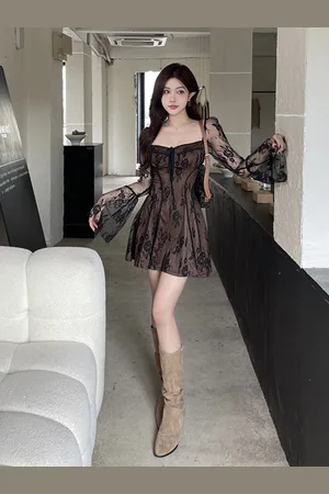 HERE&NOW Women Sweetheart Neck Bell Sleeve Corset Mini Dress