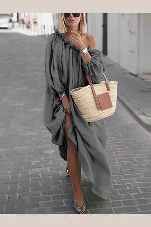 HERE&NOW Women One Shoulder Puff Sleeve A-Line Maxi Dress