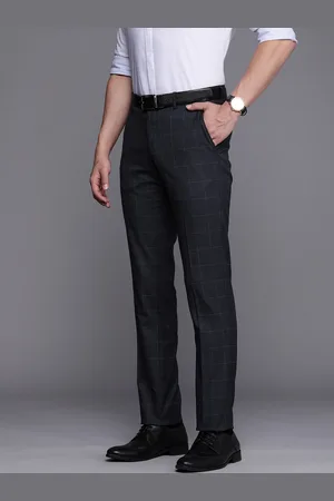 Louis Philippe Men Navy Blue Checked Slim Fit Mid-Rise Plain Woven Formal Trousers