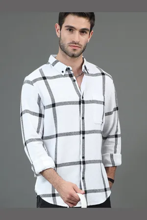 HERE&NOW White Button-Down Collar Slim Fit Checked Casual Cotton Shirt