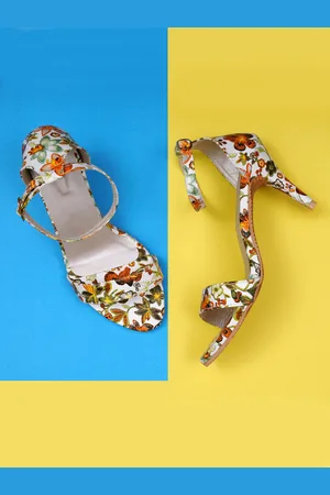 Misto Floral Printed Open Toe Stiletto Heels With Ankle Loop