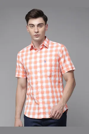 U.S. Polo Assn. Men Orange Tailored Fit Buffalo Checks Opaque Pure Cotton Casual Shirt