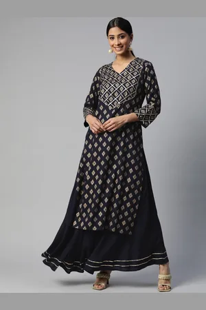 Jaipur Women Navy Blue Ethnic Motifs Printed Sequinned Kurta with Skirt