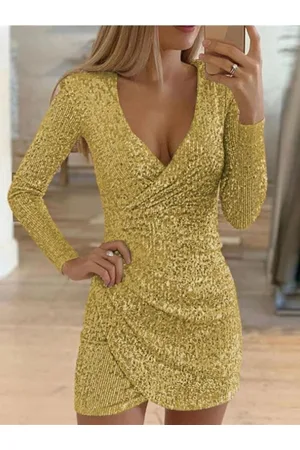 HERE&NOW Women V-Neck Long Sleeves Wrap Mini Party Dress