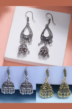 NVR Women Set of 3 Oxidised Traditional Fashion Earrings