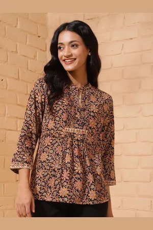 Fabindia Women Ethnic Motifs Printed Mandarin Collar Cotton Top