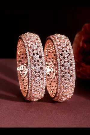 Rubans Set of 2 Rose Gold Plated Zirconia Stone Studded Bangles Floral Design