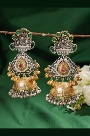 ABDESIGNS Elegant Silver Plated Artificial Stones & Beads Studded Classic Drop Earrings