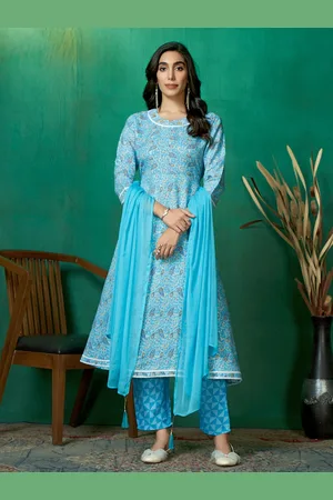 DIVASTRI Women Ethnic Motifs Printed Regular Gotta Patti Pure Cotton Kurta with Trousers & With Dupatta