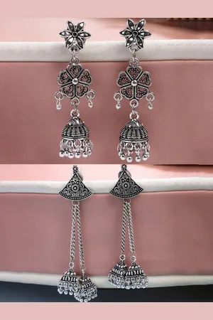 NVR Women Set of 2 Silver Toned Oxidised Jhumka Earrings