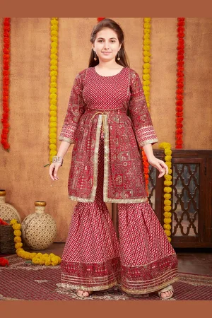 Aarika Girls Ethnic Motif Printed Gotta Patti Detail Pure Cotton A-Line Kurta With Sharara
