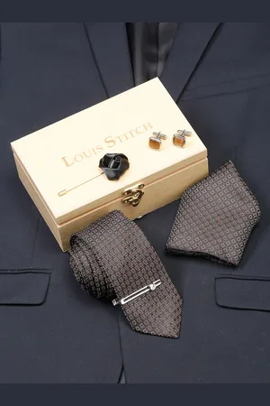 LOUIS STITCH Men Chocolate Brown Italian Silk Necktie Accessory Gift Set