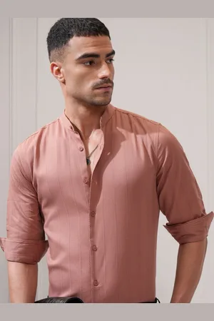 LocoMotive Luxe Men Taupe Dobby Textured Solid Mandarine Collar Occasion Regular Fit Shirt