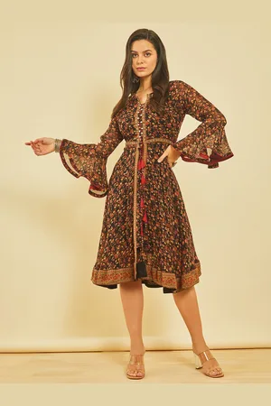 Soch Floral Print Bell Sleeve Georgette A-Line Midi Dress