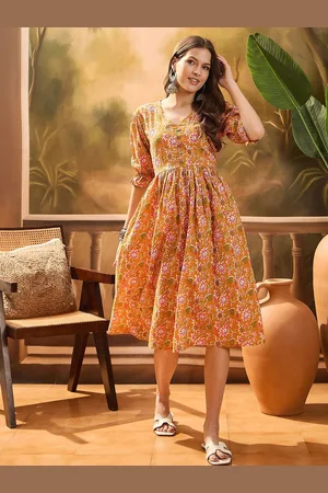 Sangria Floral Printed Pure Cotton A-Line Midi Dress