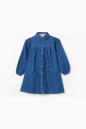 Lifestyle Girls Puff Sleeves Gathered Cotton Shirt Dress
