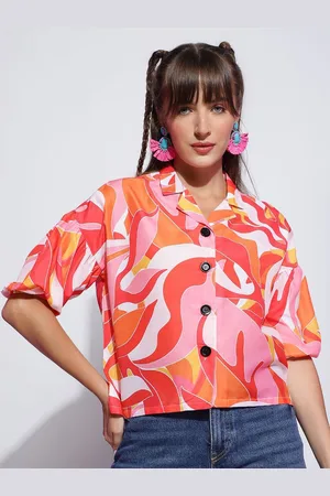 DressBerry Women Print Shirt Style Puff Sleeve Lapel Collar Top