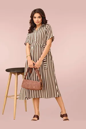 DressBerry Striped Shirt Collar Belted Shirt Midi Dress