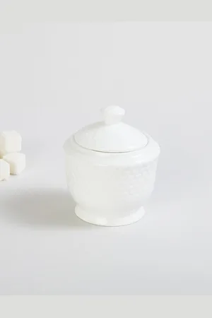 Home Centre White Textured Bone China Sugar Pot