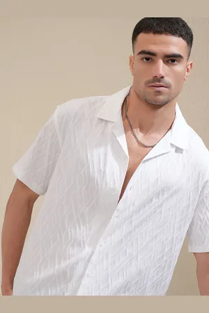LocoMotive Premium Men Jacquard Popcorn Textured Cuban Collar Relaxed Fit Shirt