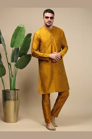 WHITE HEART Band Collar Straight Kurta With Pyjamas