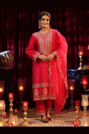 SCAKHI Ethnic Motifs Embroidered Sequinned Dupion Silk Kurta with Trousers & Dupatta