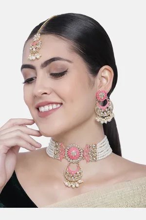 I Jewels Pink & White Gold Plated Kundan & Pearl Studded Meenakari Necklace Set