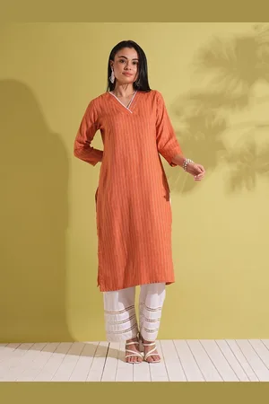 Globus Rust V-Neck Striped Printed Straight Kurta