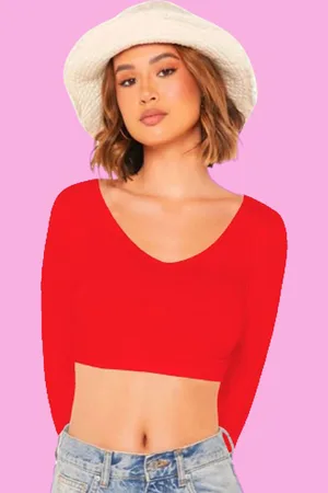 Dream Beauty Fashion Women Solid V-Neck Long Sleeves Crop Fitted Top