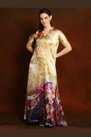 Exotic India Multicolored Floral Print Satin Long Dress with Mandarin Collar