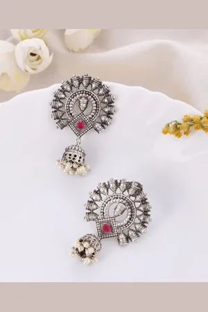 Dastoor Silver-Plated Contemporary Oxidised Jhumkas