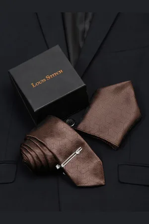 LOUIS STITCH Men Van Dyke Brown Italian Silk Necktie Accessory Gift Set