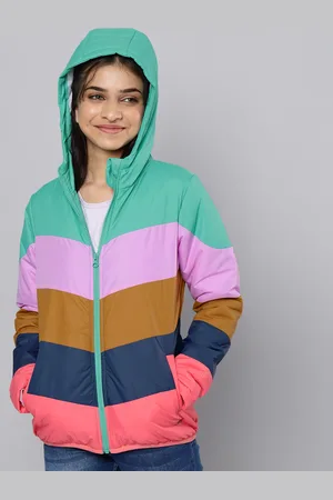 Justice Girls Multicoloured Striped Hooded Puffer Jacket