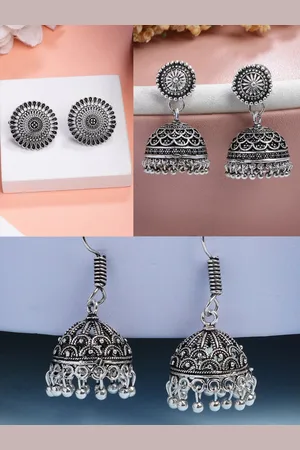 NVR Women Set of 3 Silver Plated Oxidised Traditional Jhumka & Stud Earrings