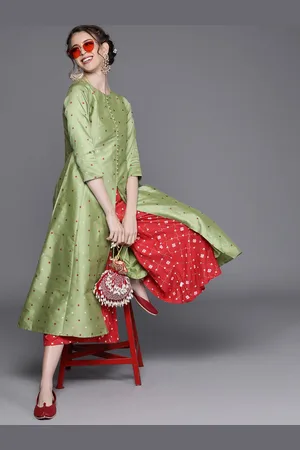Inddus Women Green & Maroon Woven Design A-Line Kurta
